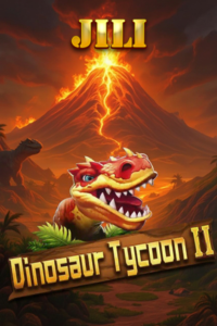 Dinosaur Tycoon II fishing game featuring dinosaur bosses and volcanic scenery